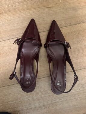 ZARA Wine Patent Pointed Slingback Heels